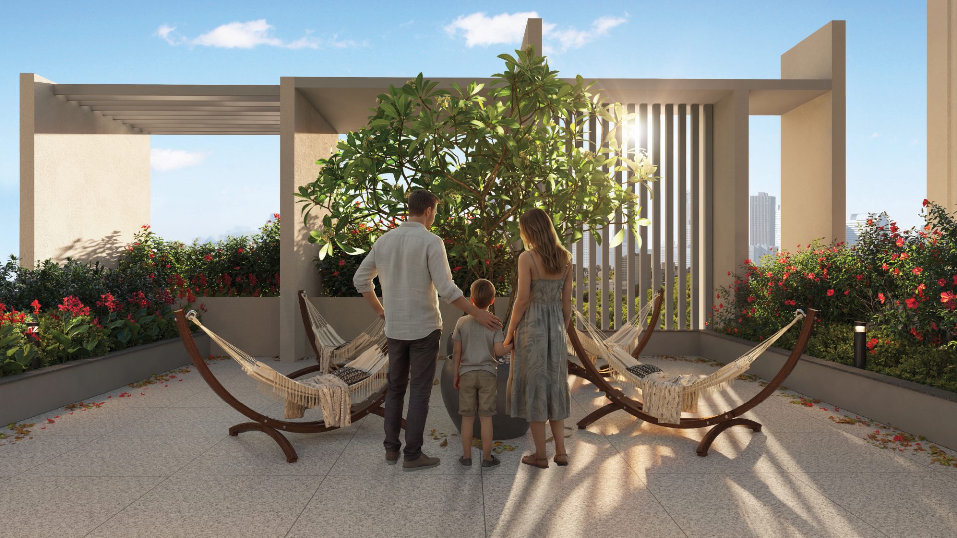 Sky terrace hammock court at golden hour