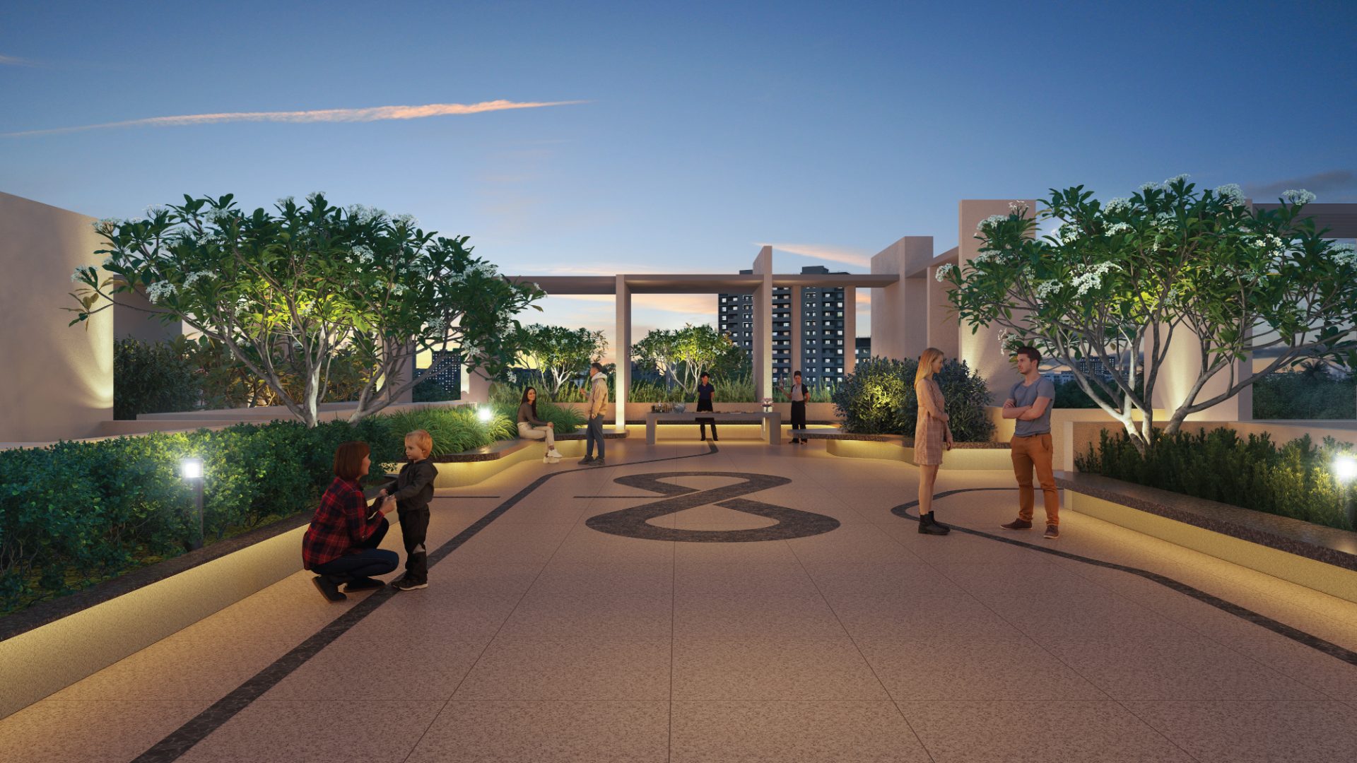 Sky terrace social plaza at dusk