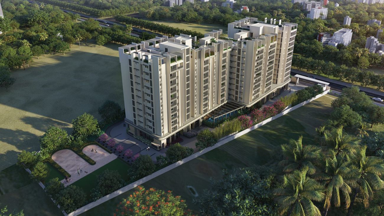 Aerial day view of the development and grounds