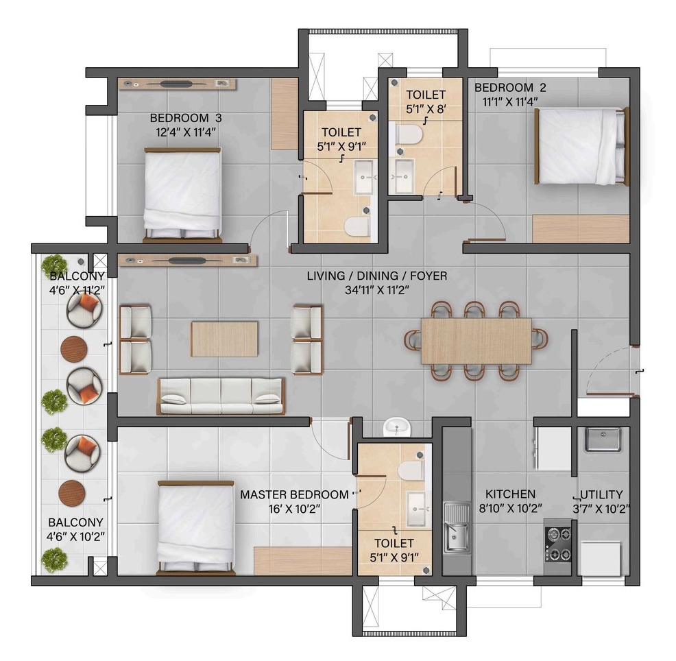 3 BHK floor plan